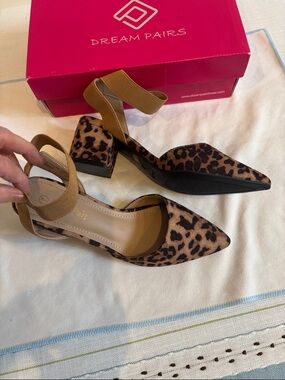 Dream Pairs Leopard Print Pointed Block Heel with Tan Ankle Strap